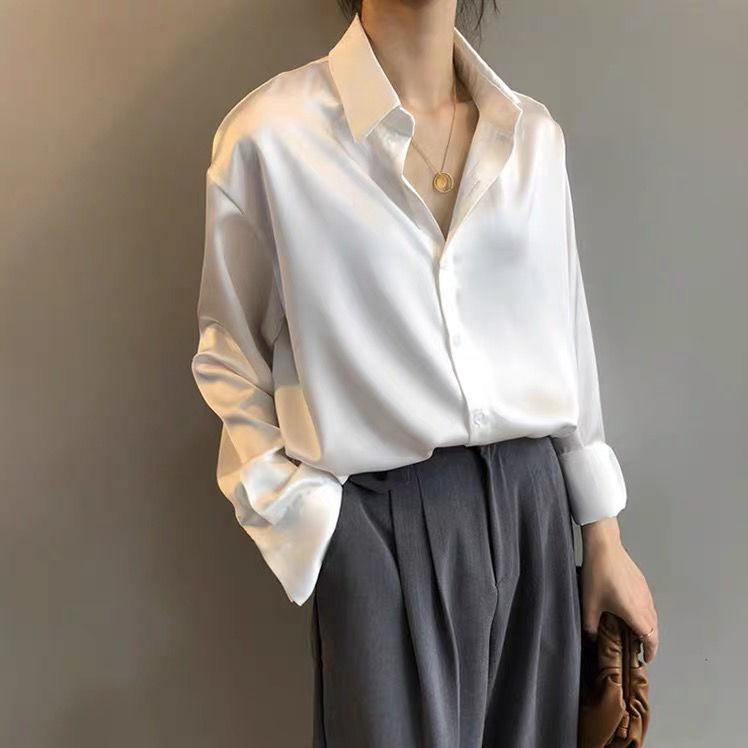 White Shirt Women Autumn/Winter Niche Satin Blouse Hong Kong Style Long Sleeve Top