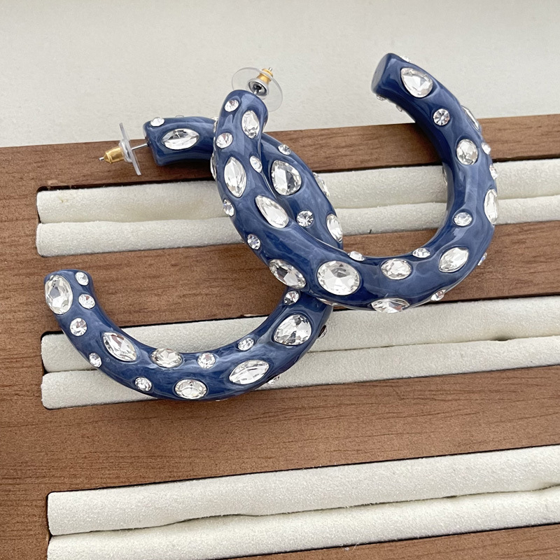 Blue full diamond large C earrings ear hoops style resin ear accessories