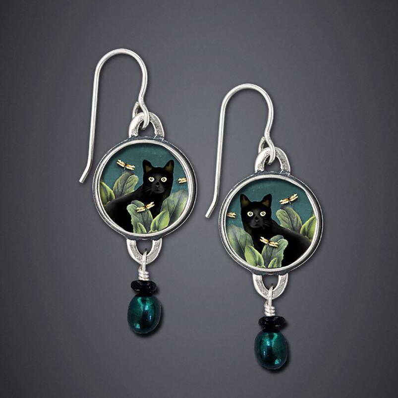 New Palace Cat Flower Earrings Women Round Earrings Spliced Green Pearl Pendant