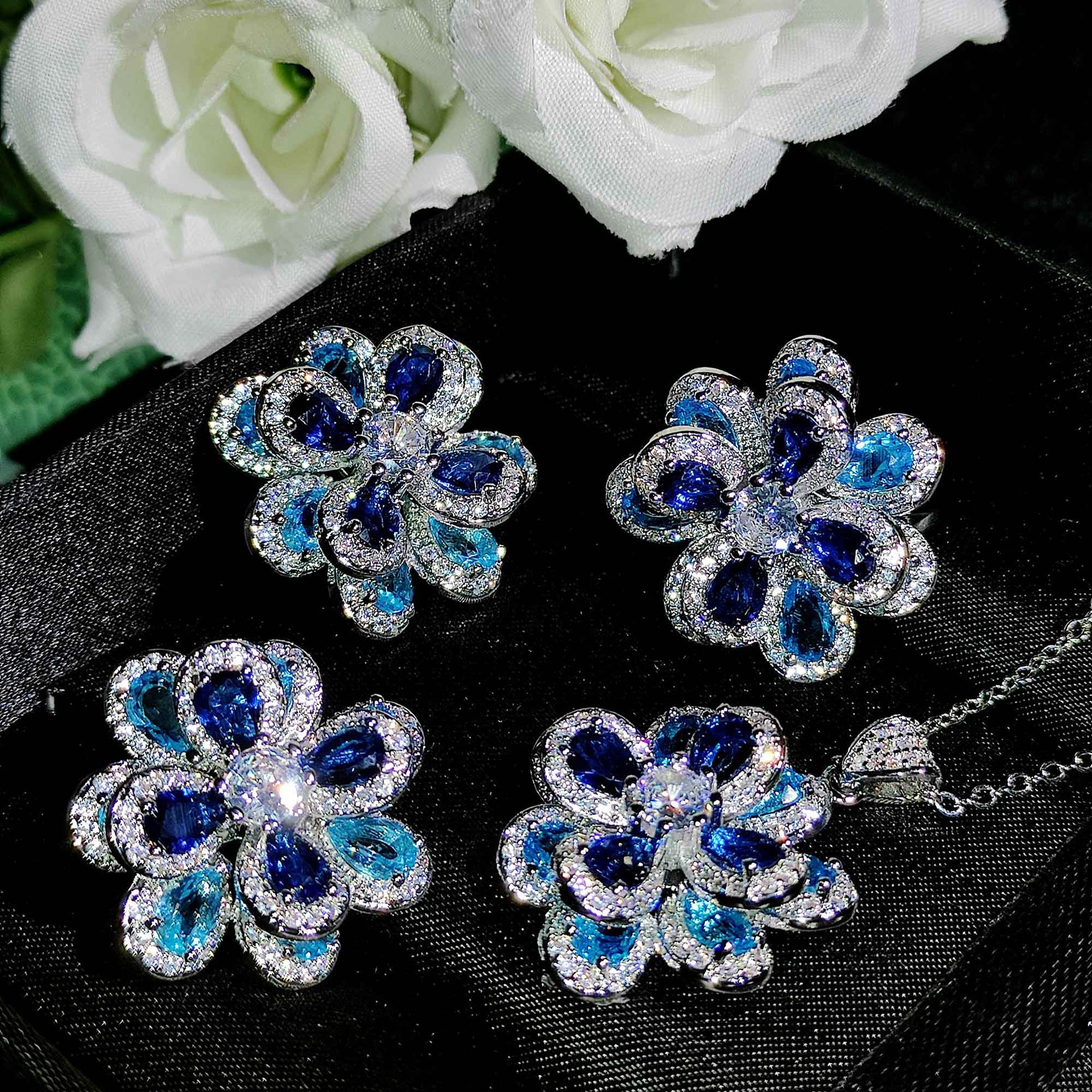 Colorful zircon flower set silver needle earrings simple立体 camellia pendant open ring