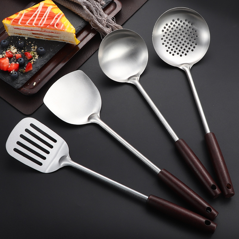 Stainless steel antique wood wok spatula soup spoon kitchen solid wood handle thickened slotted spoon wok spatula spatula spoon set cooking kitchen utensils