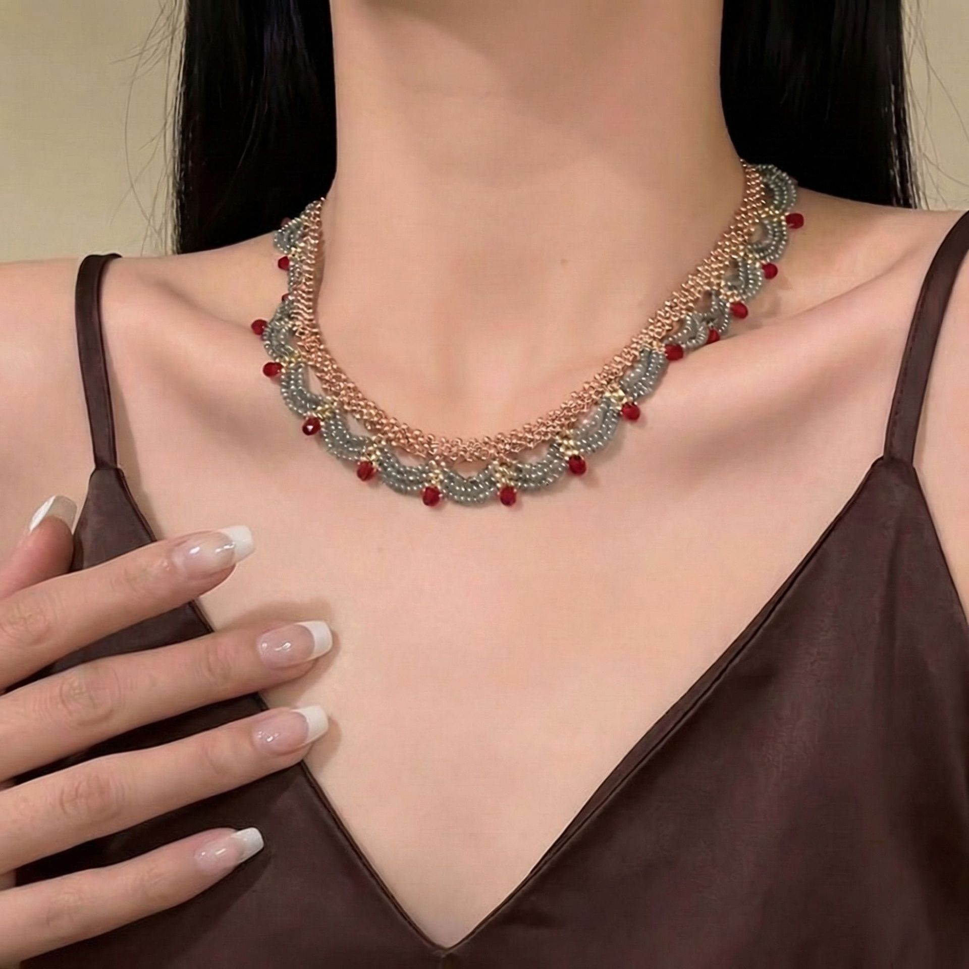 New Chinese Style Spring Summer Lace Red Blue Contrast Beaded Necklace Women National Style Accessories Choker Multi-layer Necklace