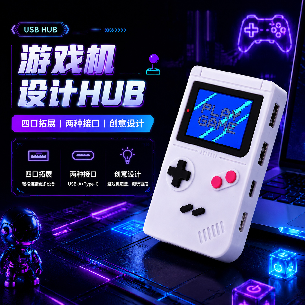 Game Console Shape USB Hub Office Entertainment Desktop Expansion Mini Portable Four-port Plug and Play