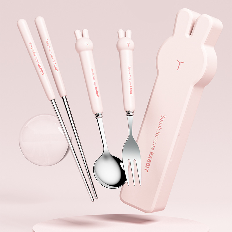 Stainless steel portable tableware three-piece set, student travel office worker cute chopsticks spoon fork set