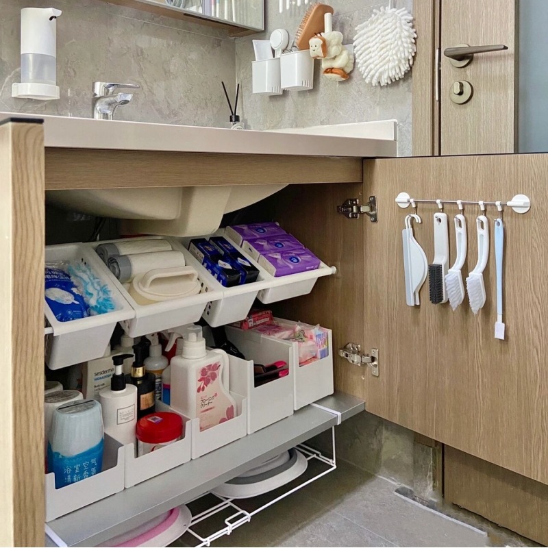 Cabinet inner layered shelf, storage rack, no-drill, telescopic rod, under sink organizer