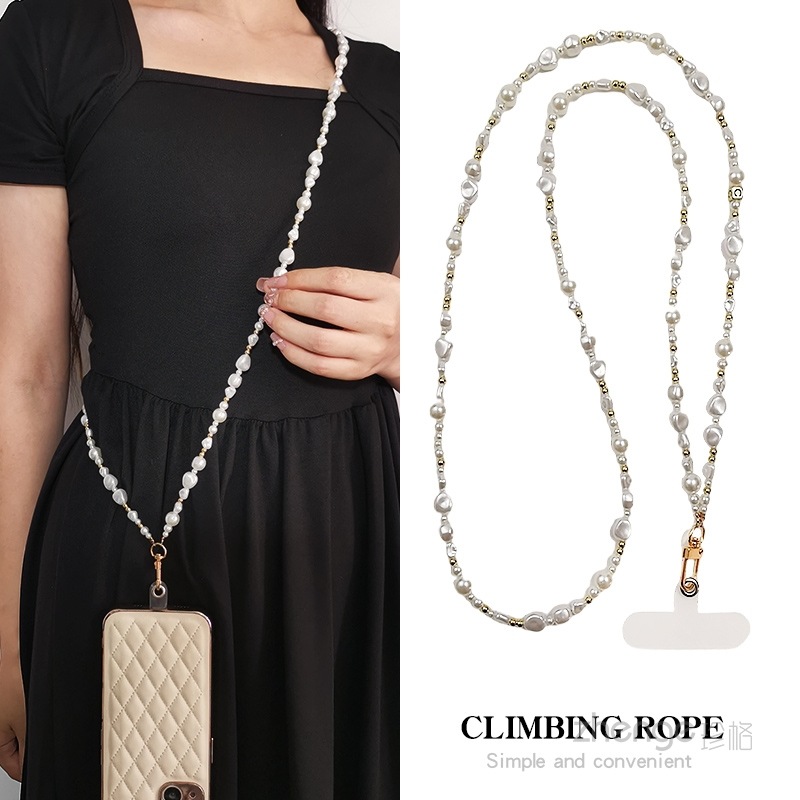 Pearl crossbody hanging chain for women outdoor hiking backpack chain phone lanyard small fragrance handmade chain