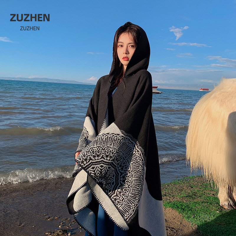 Hat Knit Cape Women Woven Warm Double-Sided Shawl Autumn Winter New Air Conditioning Shawl