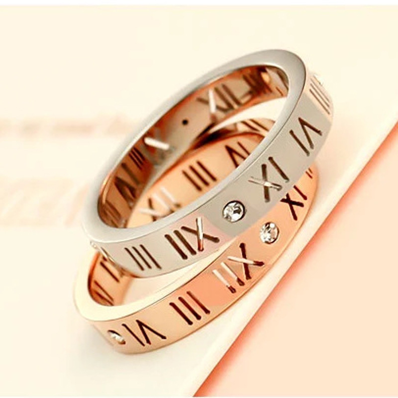 JZ031 Plated 18K Rose Gold Roman Numeral Diamond Couple Ring for Men and Women Pinky Ring Accessory