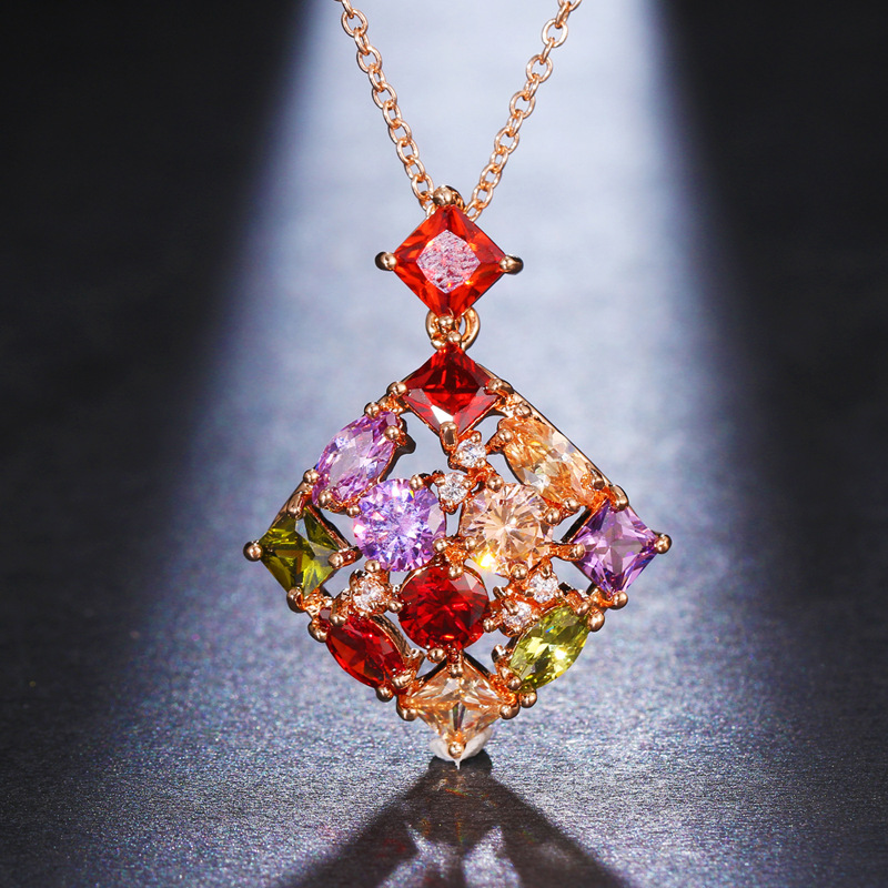Mona Lisa square pendant necklace copper set colorful zircon gorgeous jewelry