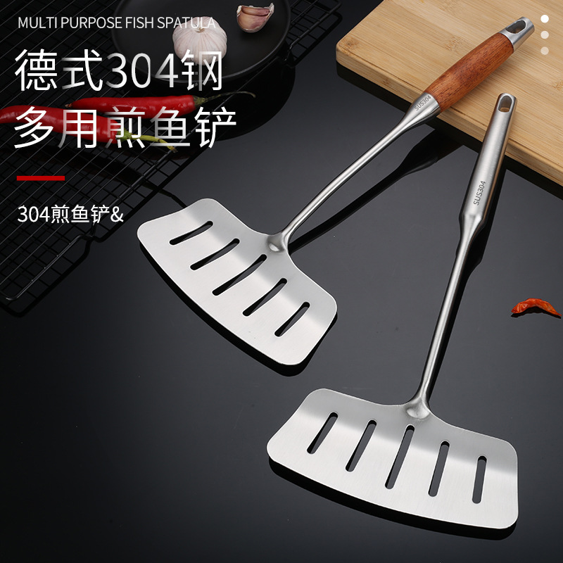 304 stainless steel fish spatula wooden handle oil strainer slotted spatula wide frying fish turner fish turner frying steak slotted spatula