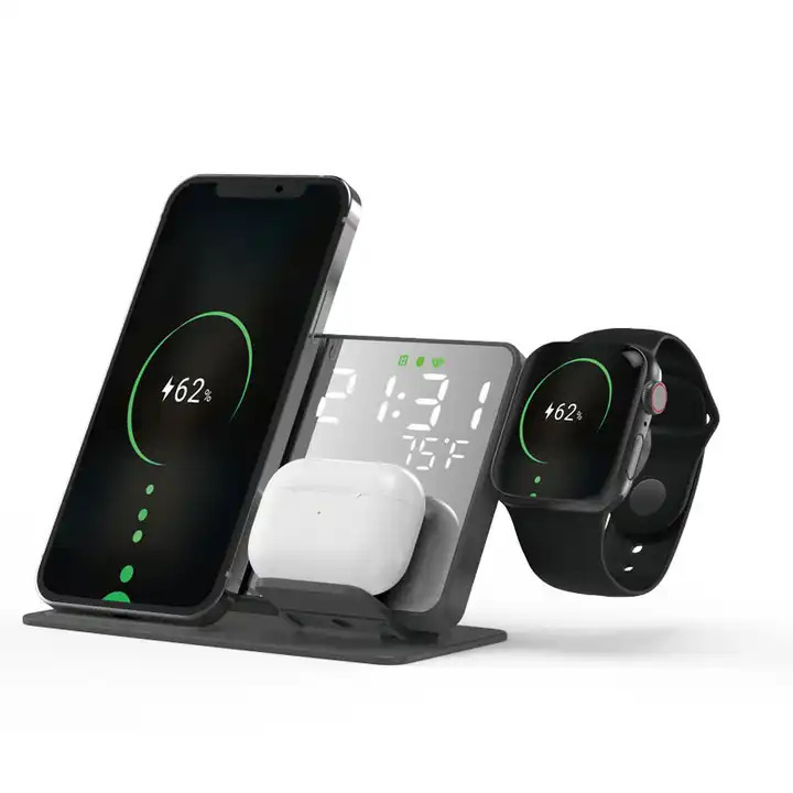 New 4-in-1 15W Wireless Charger for Phone, Earphone, Watch Wireless Charger with Clock and Temperature Display