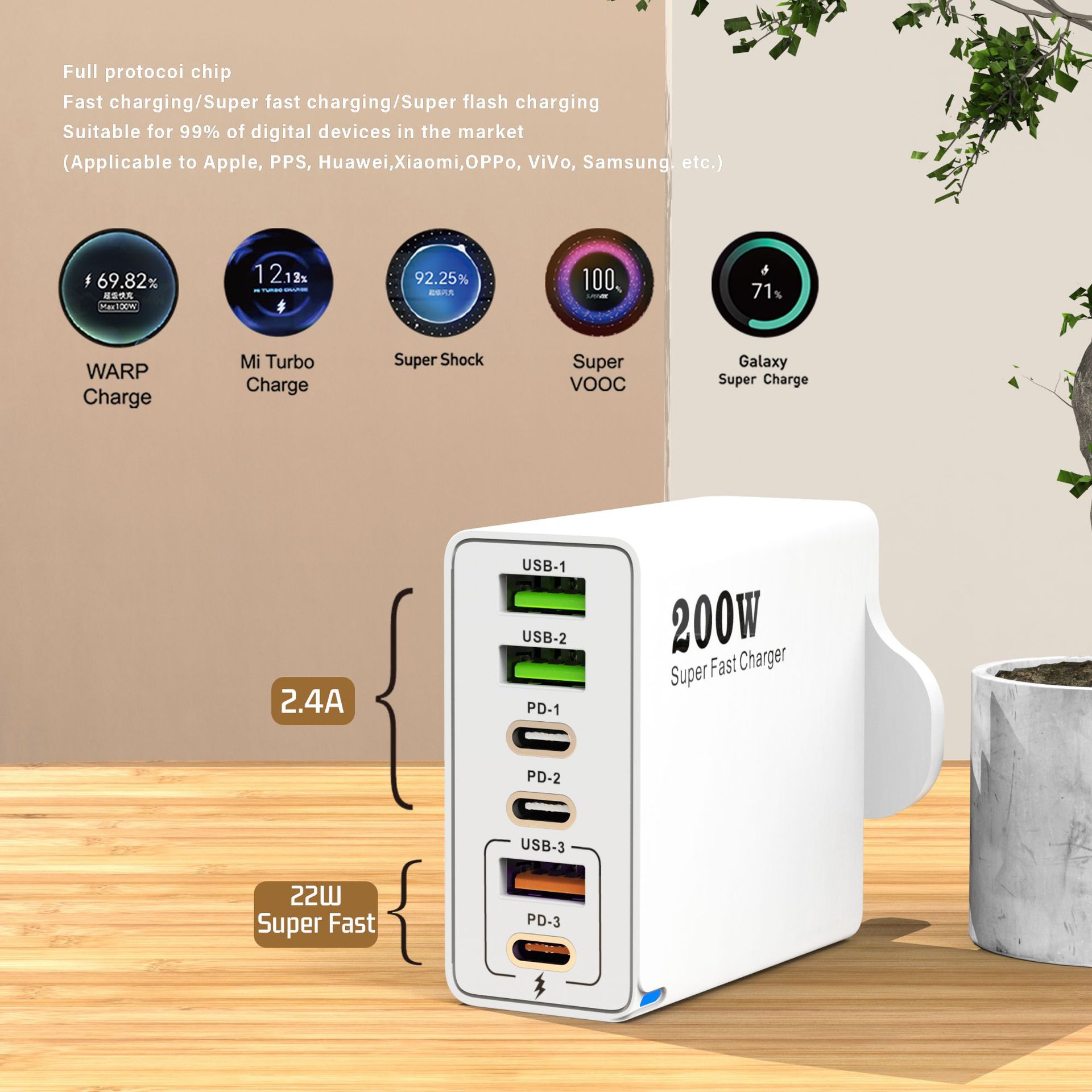 New 200W Multi-Port Charger 3USB+3PD 6-in-1 for Mobile Phones, Australian/Indian/UK Standard Fast Charging Head 5V