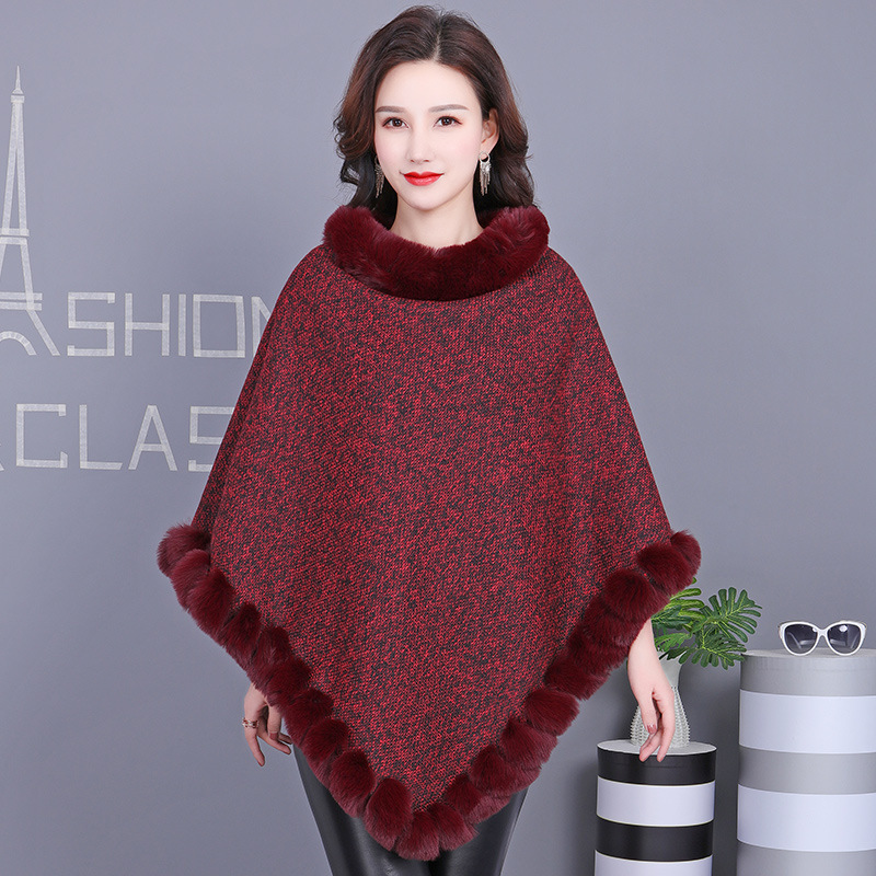 H·SUN Street Style Warp Knit Polyester Fiber Pullover Poncho Cape Imitation Rabbit Fur Collar Scarf Wear