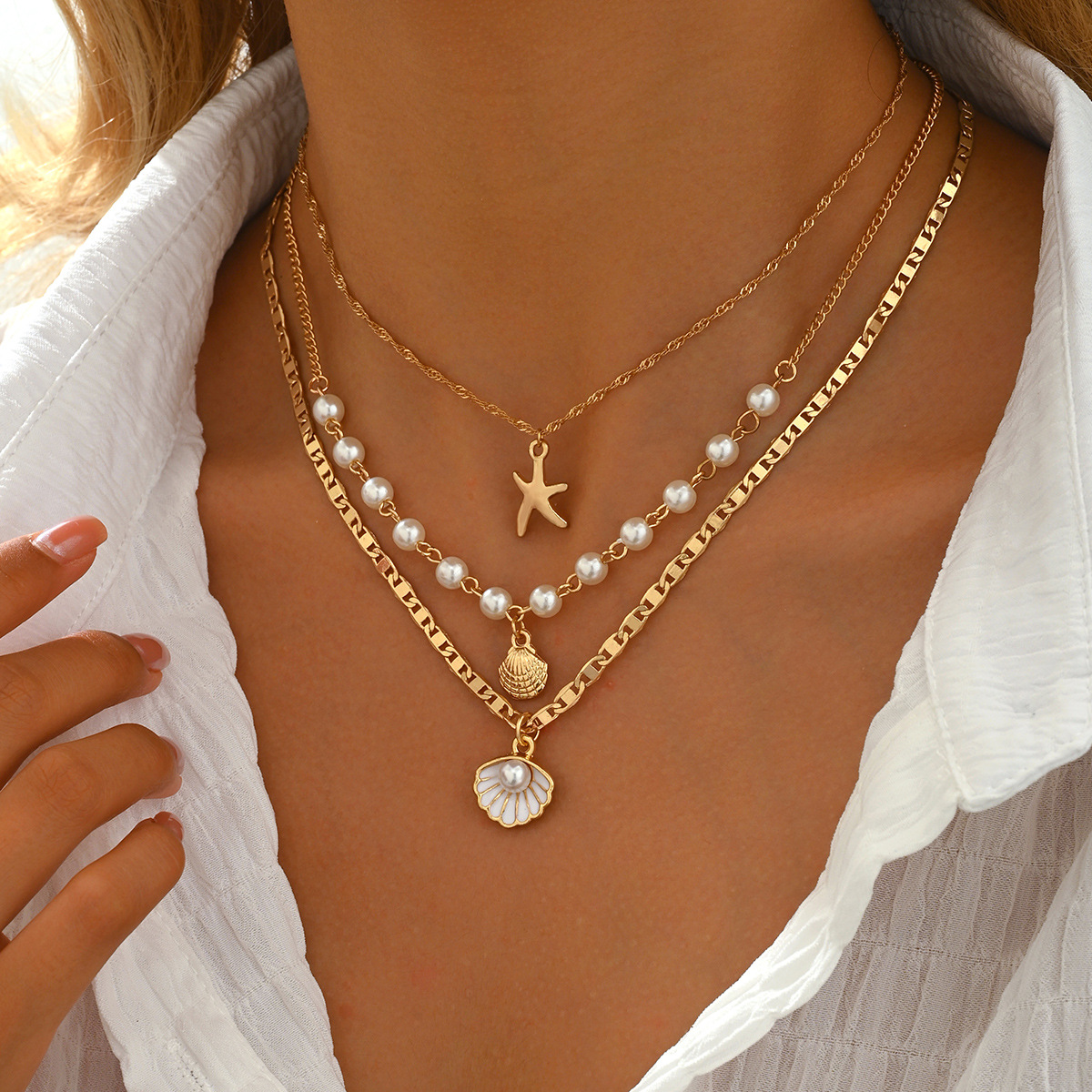 Accessories Simple Starfish Shell Pendant Necklace Vacation Style Pearl Choker Necklace for Women