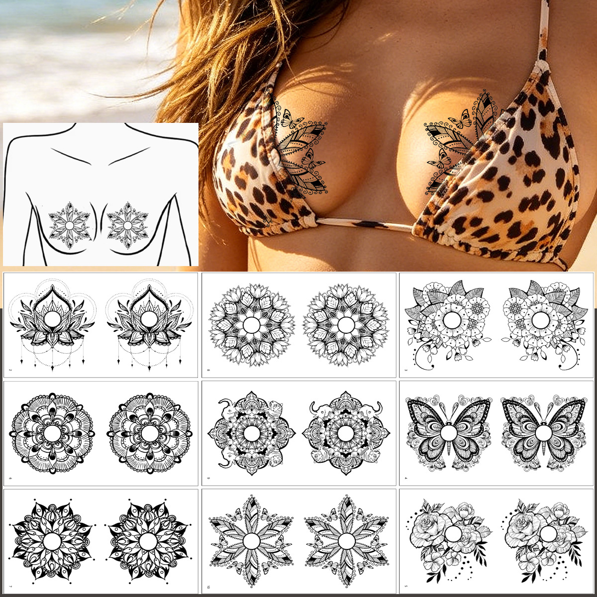 New 10 Pieces Sexy Chest Sticker Nipple Temporary Tattoo Sticker Mandala and Butterfly Tattoo Sticker Paper