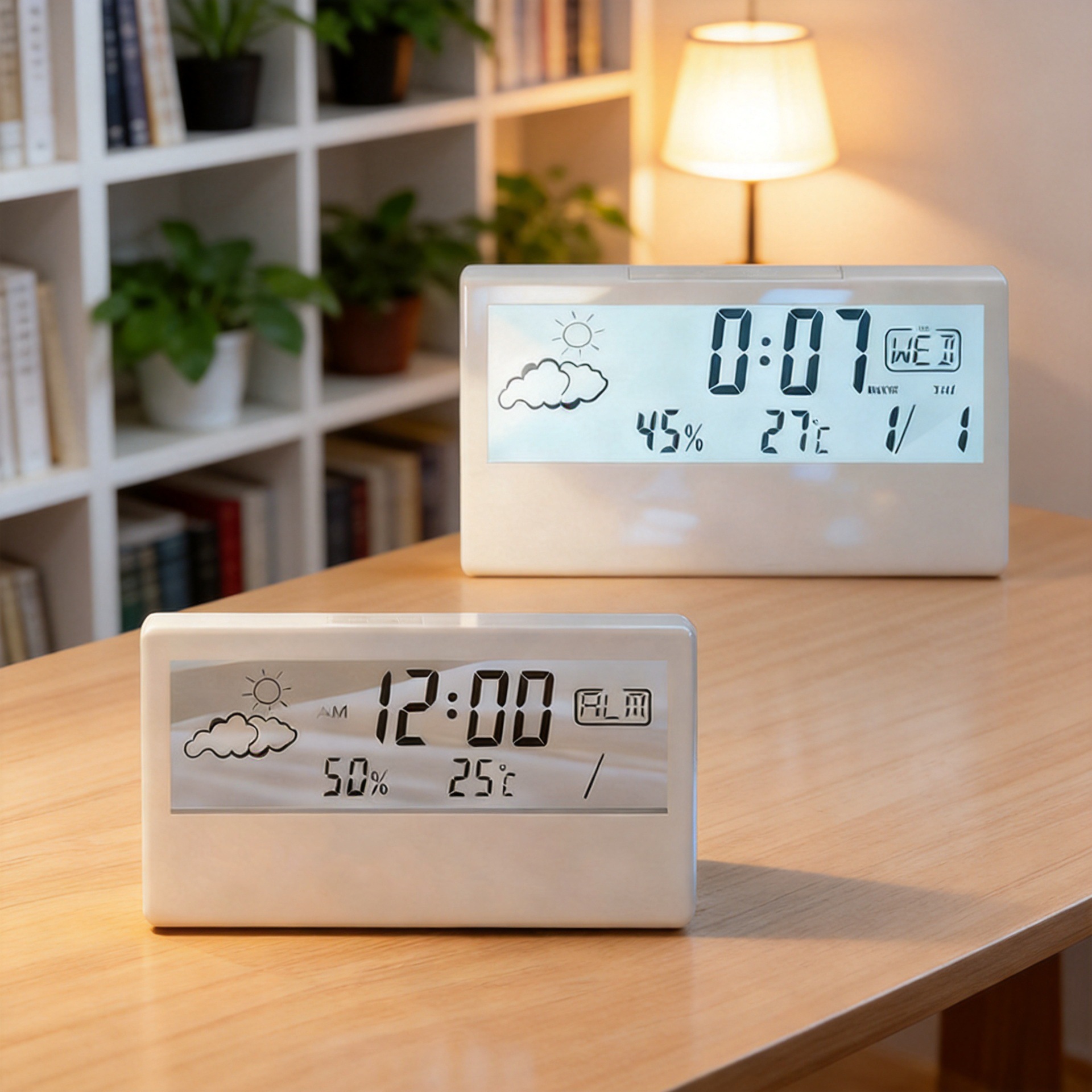 Simple multifunctional desktop clock weather temperature humidity digital display small alarm clock transparent luminous electronic clock