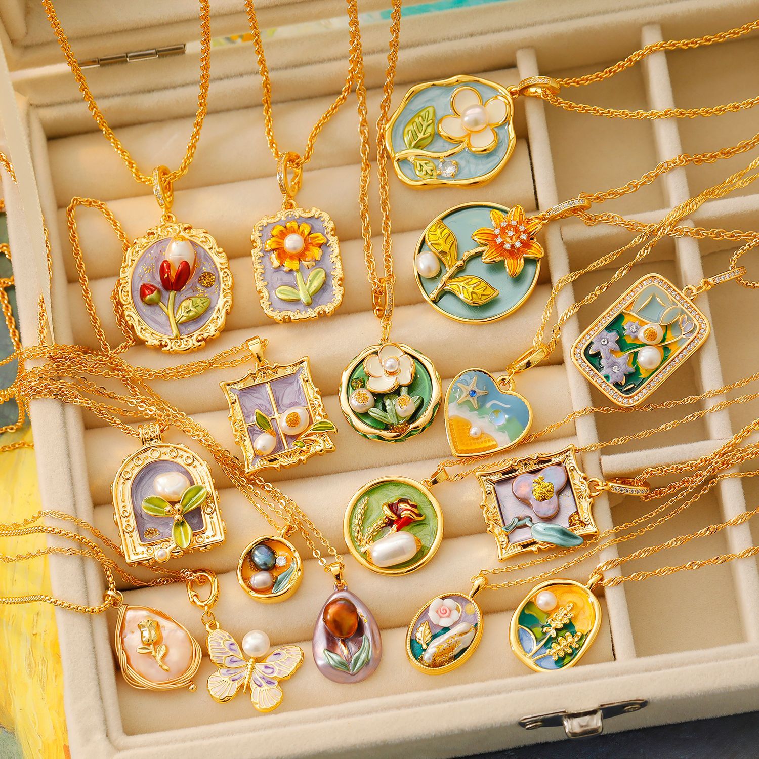 Monet Van Gogh Vintage Oil Painting Style Necklace Baroque Pearl Butterfly Petal Sweater Chain Pendant
