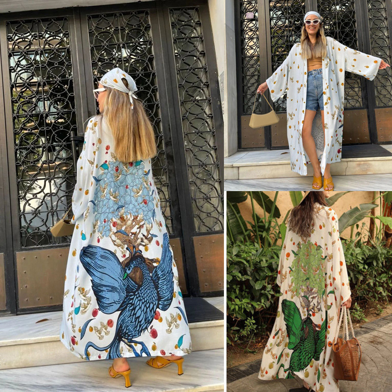 Polyester Printed Long Sun Protection Cardigan Women Swimsuit Outer Bikini Cover Up Women Vacation Beach Jacket