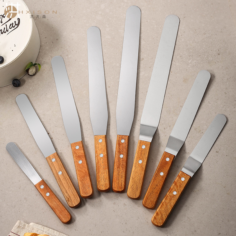 Wooden handle cake spatula, curved straight cream spatula, stainless steel cake knife, scraper, piping knife, 4-12 inch