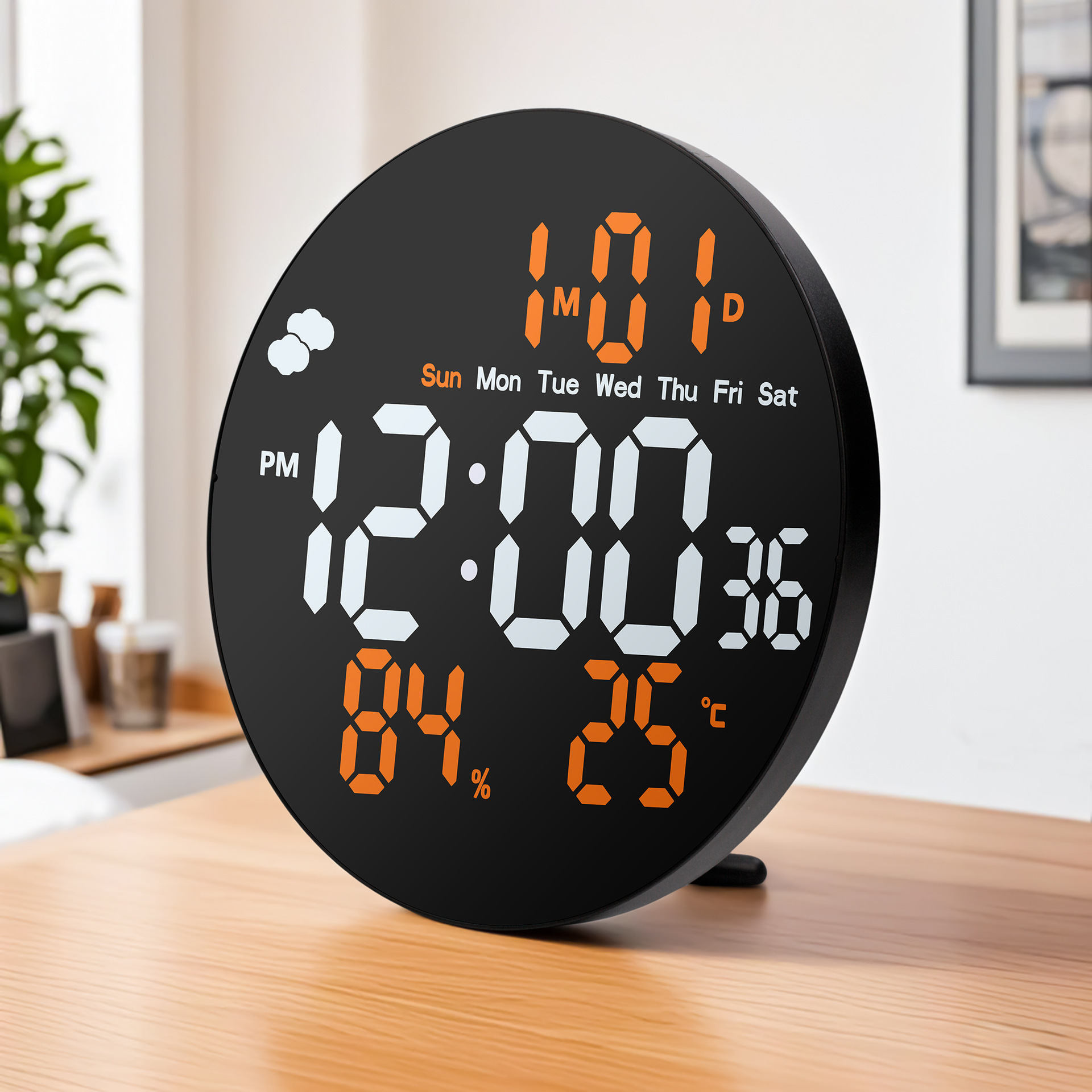 10-inch Round Large Screen Digital Electronic Clock Remote Control LED Alarm Clock Display Weather Temperature Humidity Calendar Wall Clock