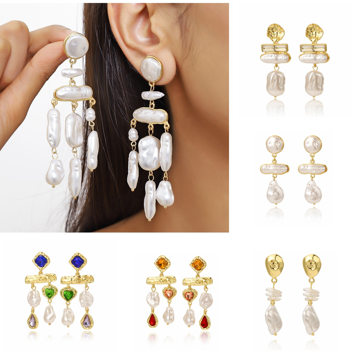 Exclusive long pearl earrings rhinestone irregular baroque pearl long earrings