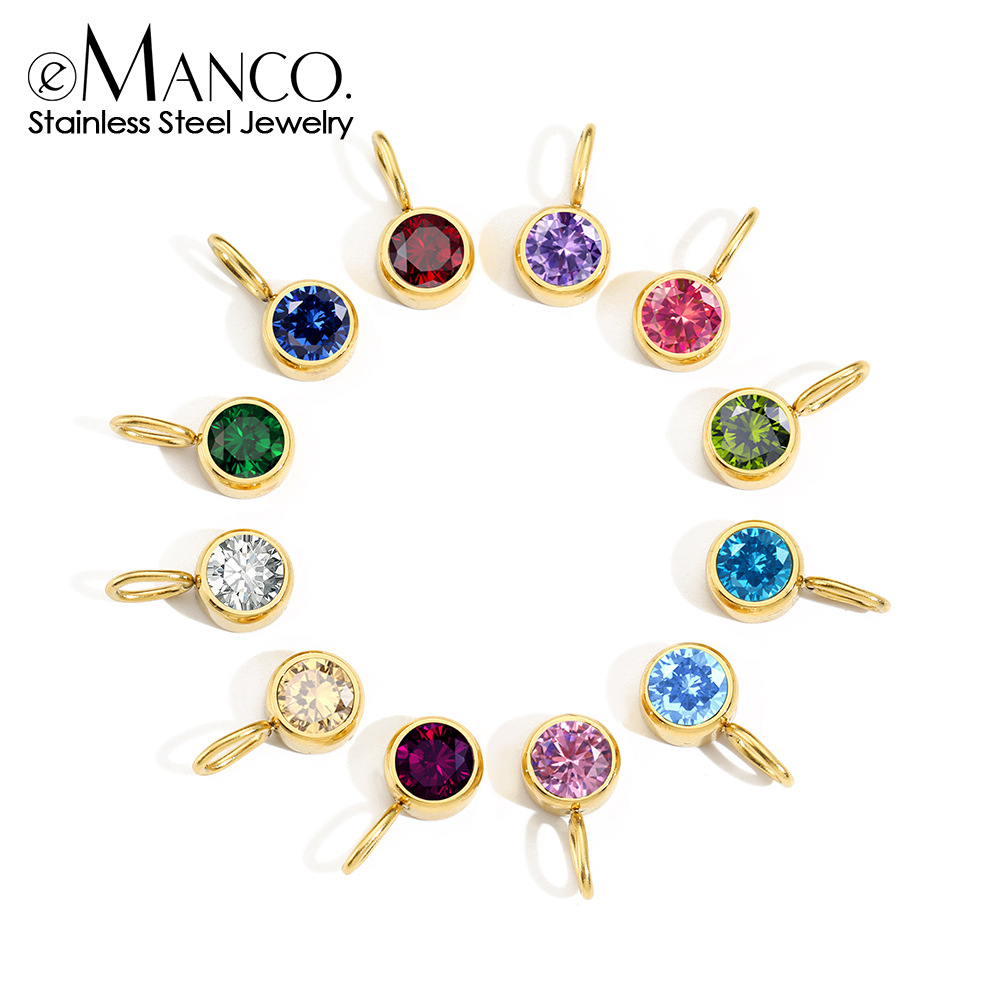 eManco Stainless Steel Jewelry Accessories 8mm Birthstone Pendant DIY Jewelry Accessories Colored Rhinestone Charm