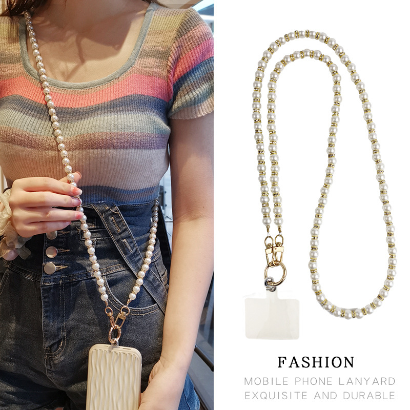 Mobile phone lanyard crossbody pearl bead chain card case rhinestone pendant women's handmade string beads