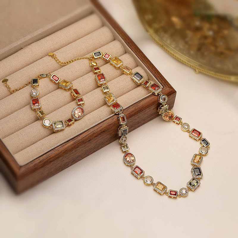 Geometric Inlaid Colorful Diamond Choker Necklace, Bracelet, and Necklace Set in Palace Style