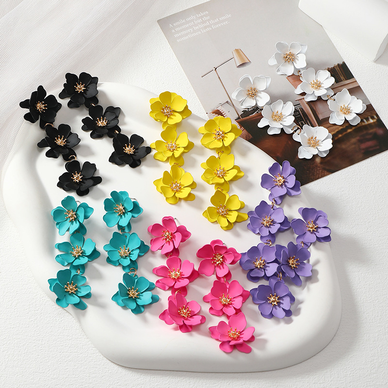 High-quality long dopamine flower earrings rose red ear studs