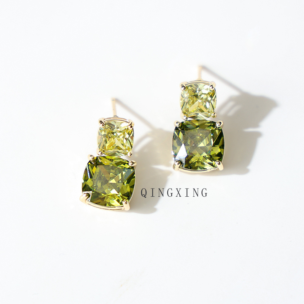 Olive Green Zirconia Exquisite Square Ear Studs No Piercing Ear Clip Earrings Silver Needle Women's Ear Jewelry