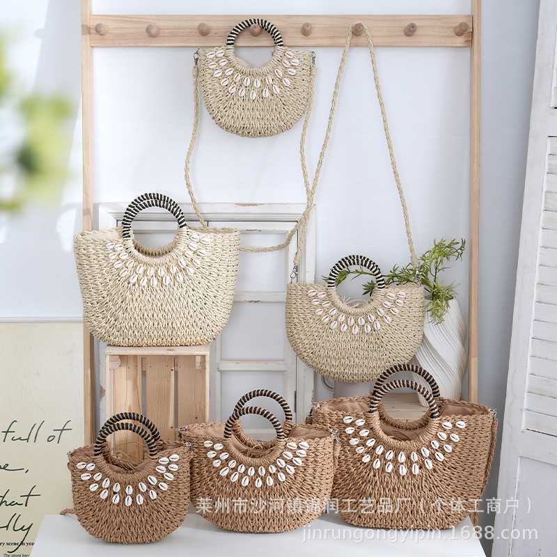 Summer new simple style natural shell half-round handbag, paper rope woven bag, vacation woven bag, vacation women's bag