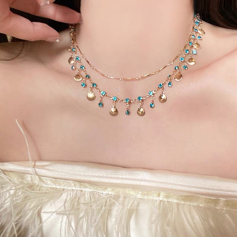 Daughter of the Sea~ Blue Zirconia Gold Shell Necklace Bracelet Design Pendant Jewelry