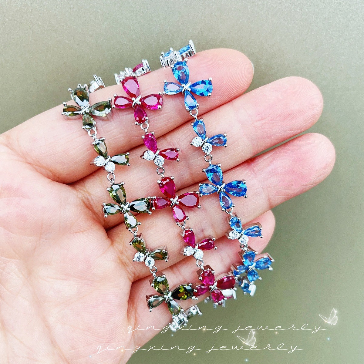 Butterfly Olive Green Zirconia Bracelet Exquisite Red Corundum Light Sea Blue Spinel Hand Jewelry