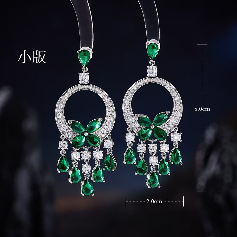 Micro-Inlaid Zircon Green Butterfly Tassel Heavy Craft Earrings s925 Silver Needle Dress Accessories