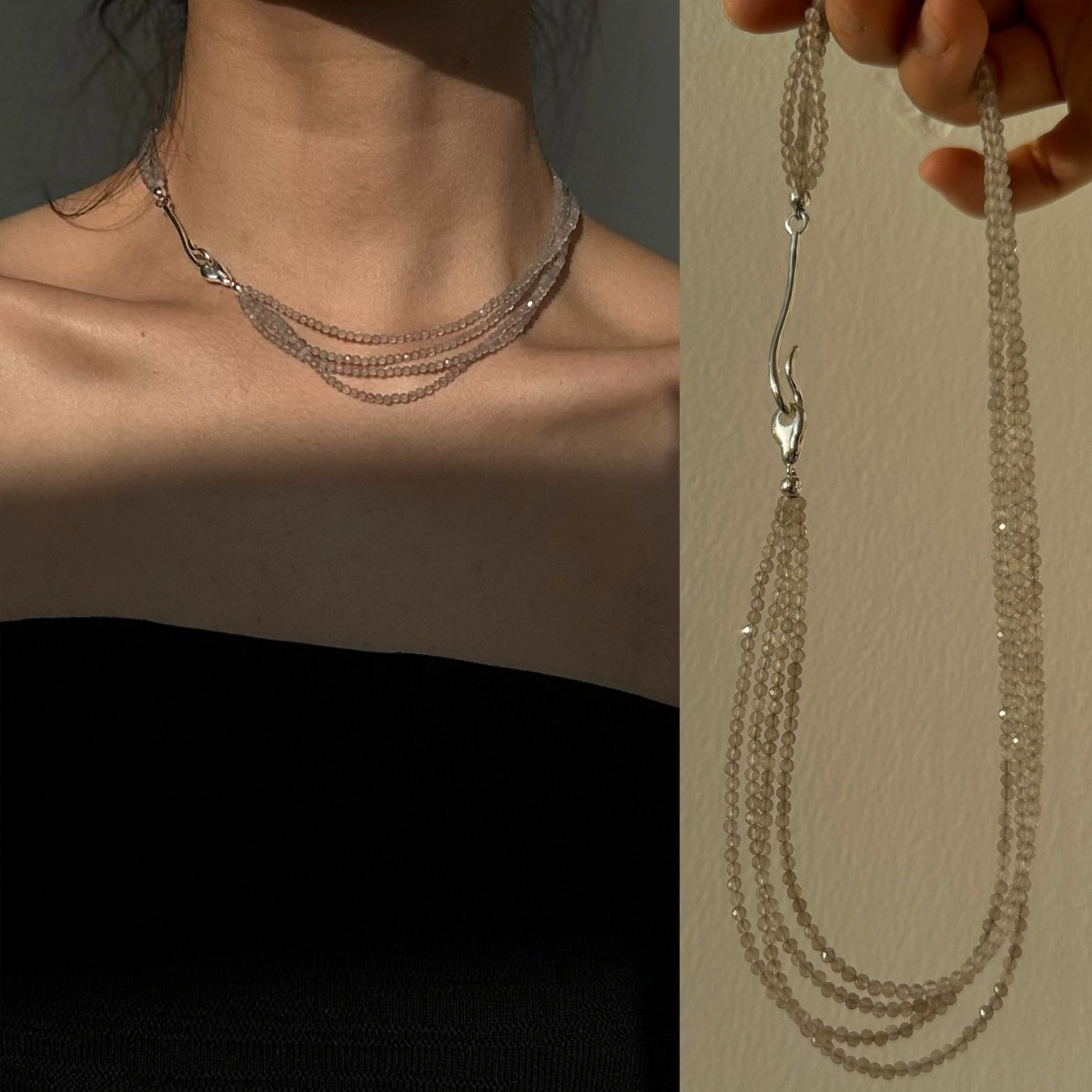 New Chinese style natural gray agate, green aventurine, labradorite multi-layer mini beaded silver-plated clasp necklace, collarbone chain