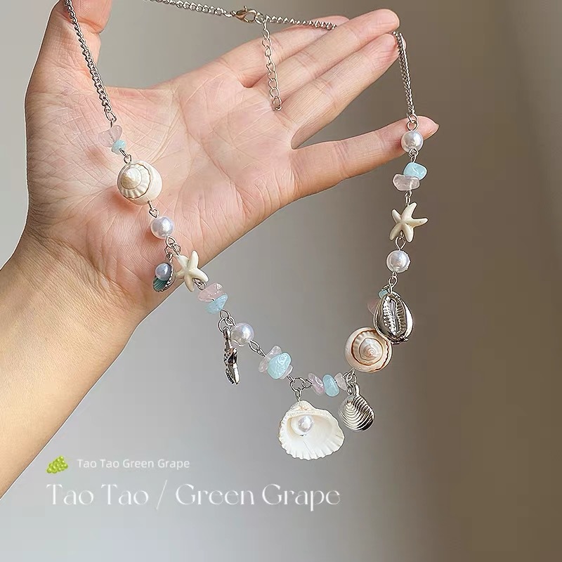Starfish Shell Pearl Colorful Beaded Necklace Women Beach Vacation Style Collarbone Chain Summer Sweet Cool Necklace Accessories