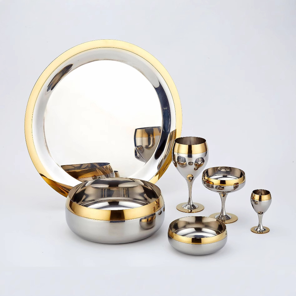 304 Stainless Steel Gold Rim Wine Glass Set Bar Cocktail Plate Bowl Restaurant Home Kitchen Supplies