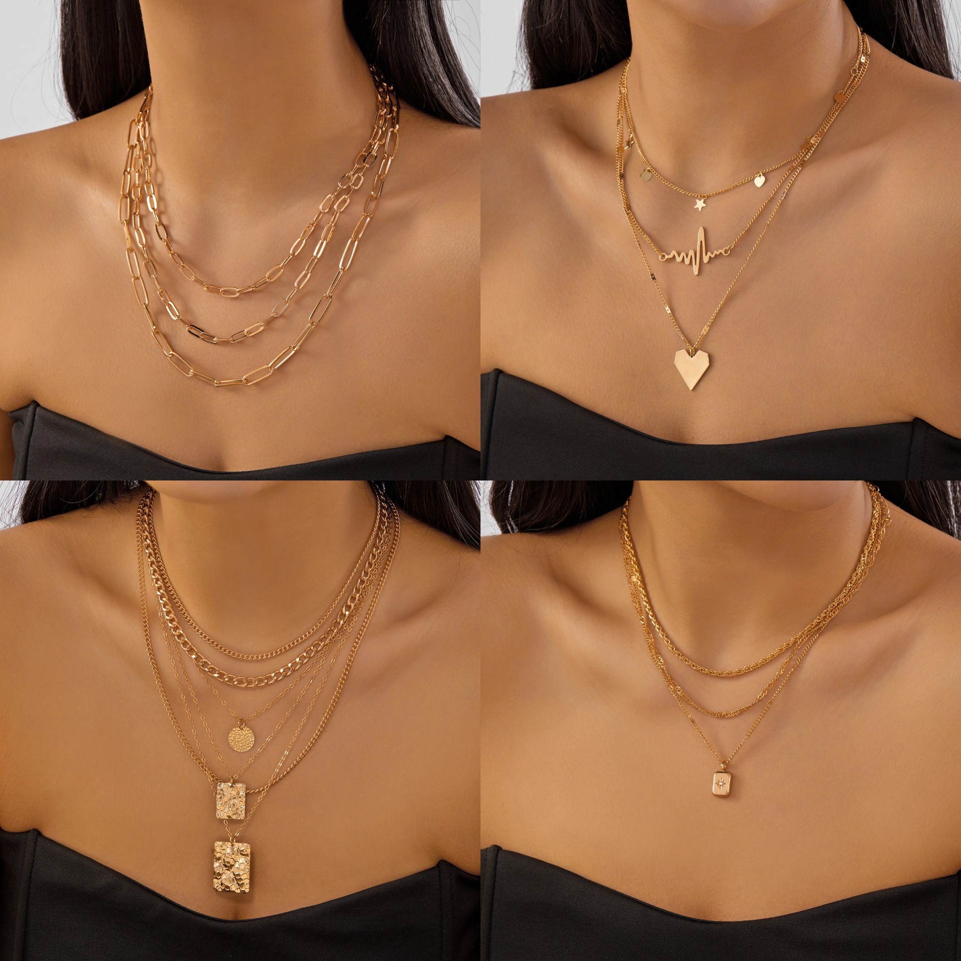Simple Geometric Layered Necklace Gold Rhinestone Multi-layer Necklace Heart Square Plate Chain Layered 6-piece Set