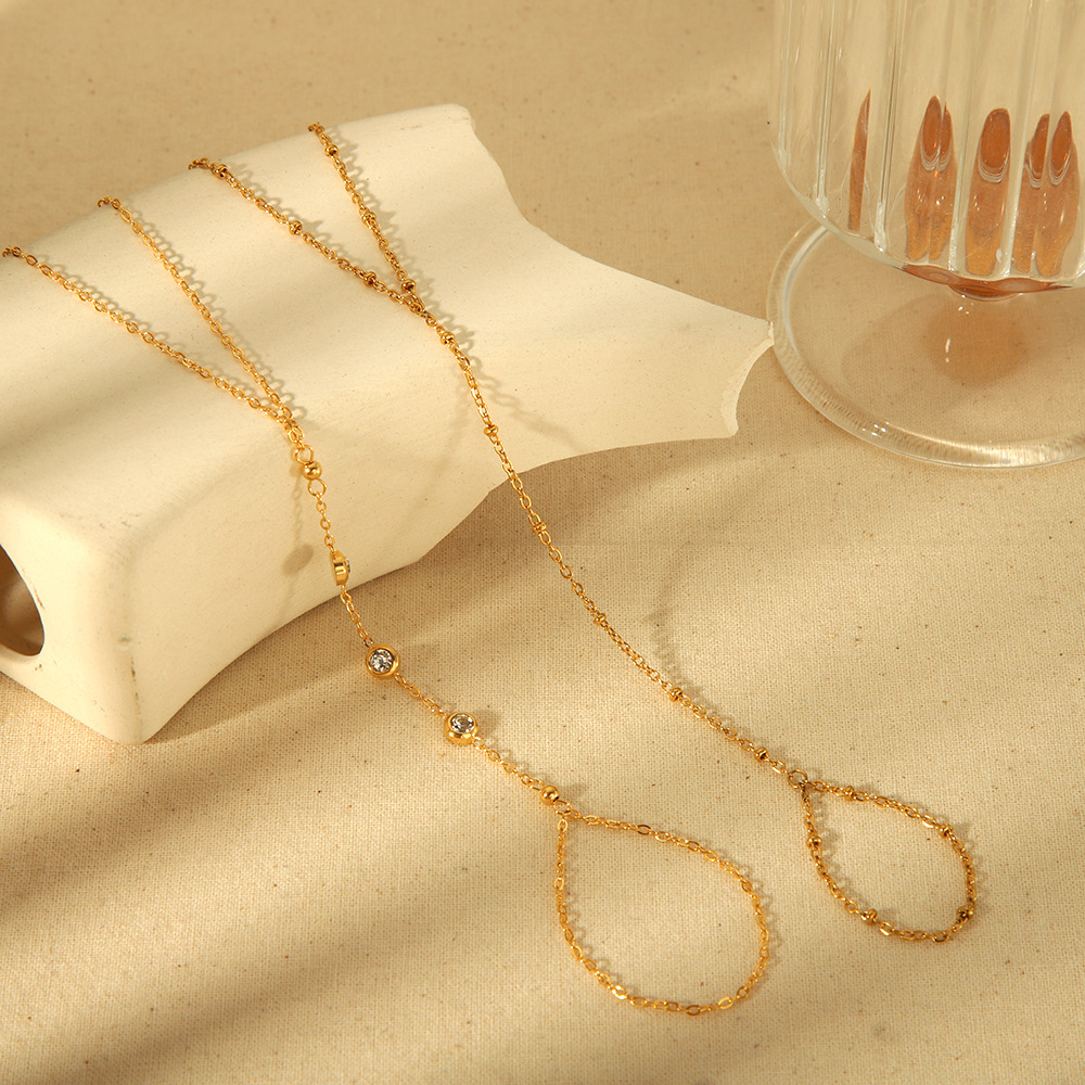 Simple women hand jewelry stainless steel finger chain ring integrated 18k gold chain