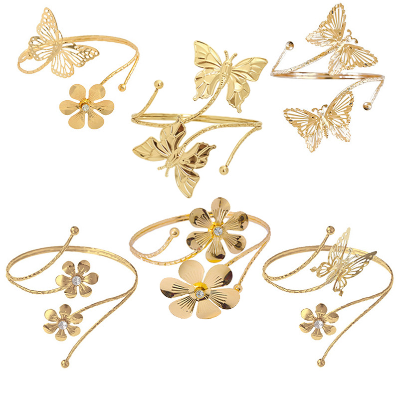 New butterfly bracelet exaggerated metal flower arm ring rhinestone open arm bracelet