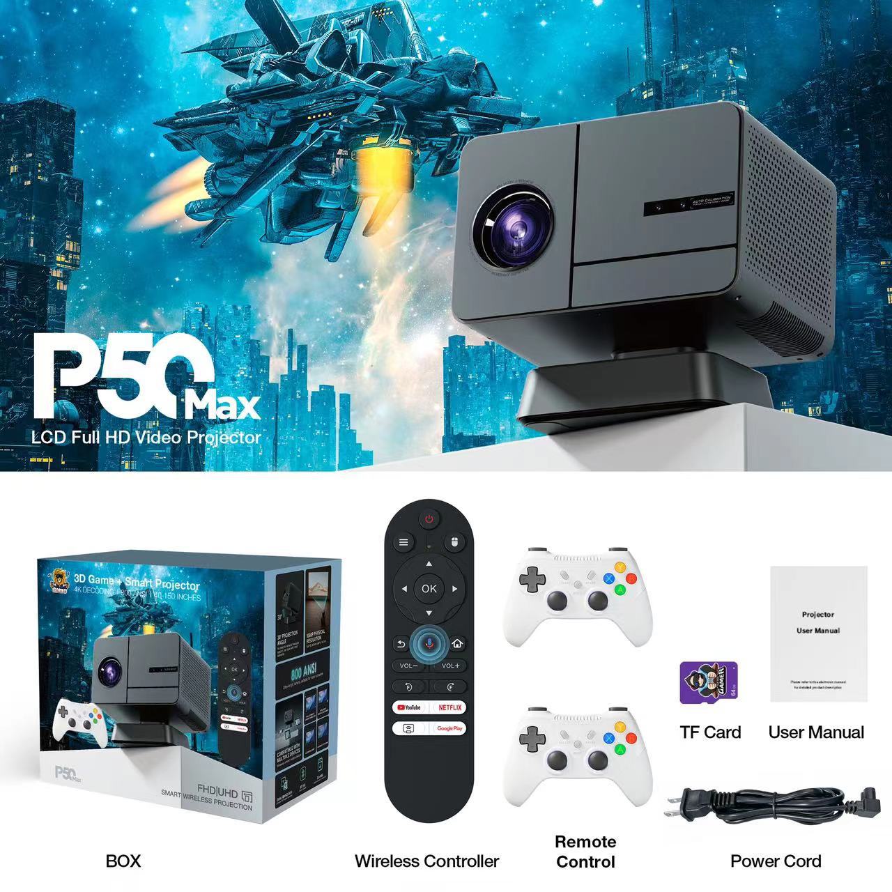 P50Max Projector Game Controller Set Android WiFi Auto Focus 400ANSI Projector