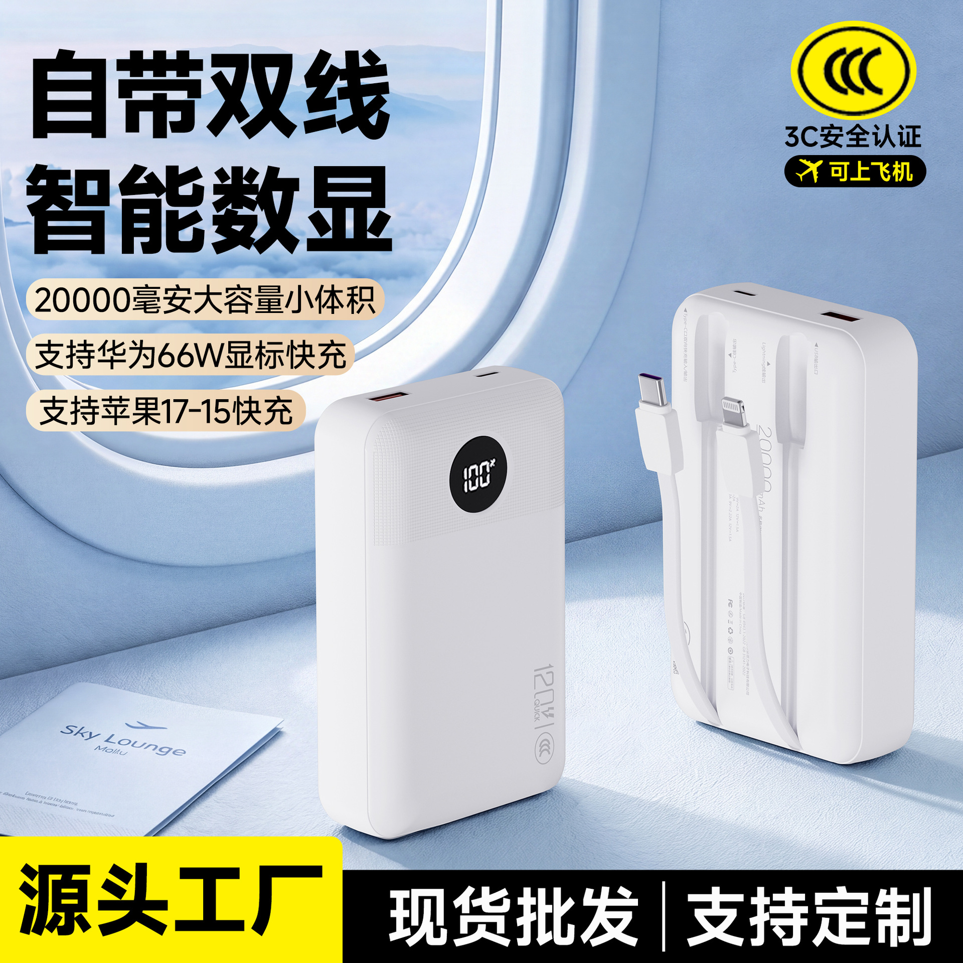 3C certified power bank full protocol 22.5W fast charging large capacity 20000mAh cable fast charging mobile power supply
