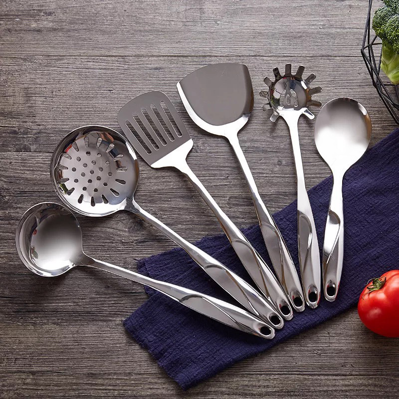 201 hollow handle stainless steel kitchenware S-shaped spatula set, slotted spoon, soup spoon, frying spatula, noodle spatula, wok spatula