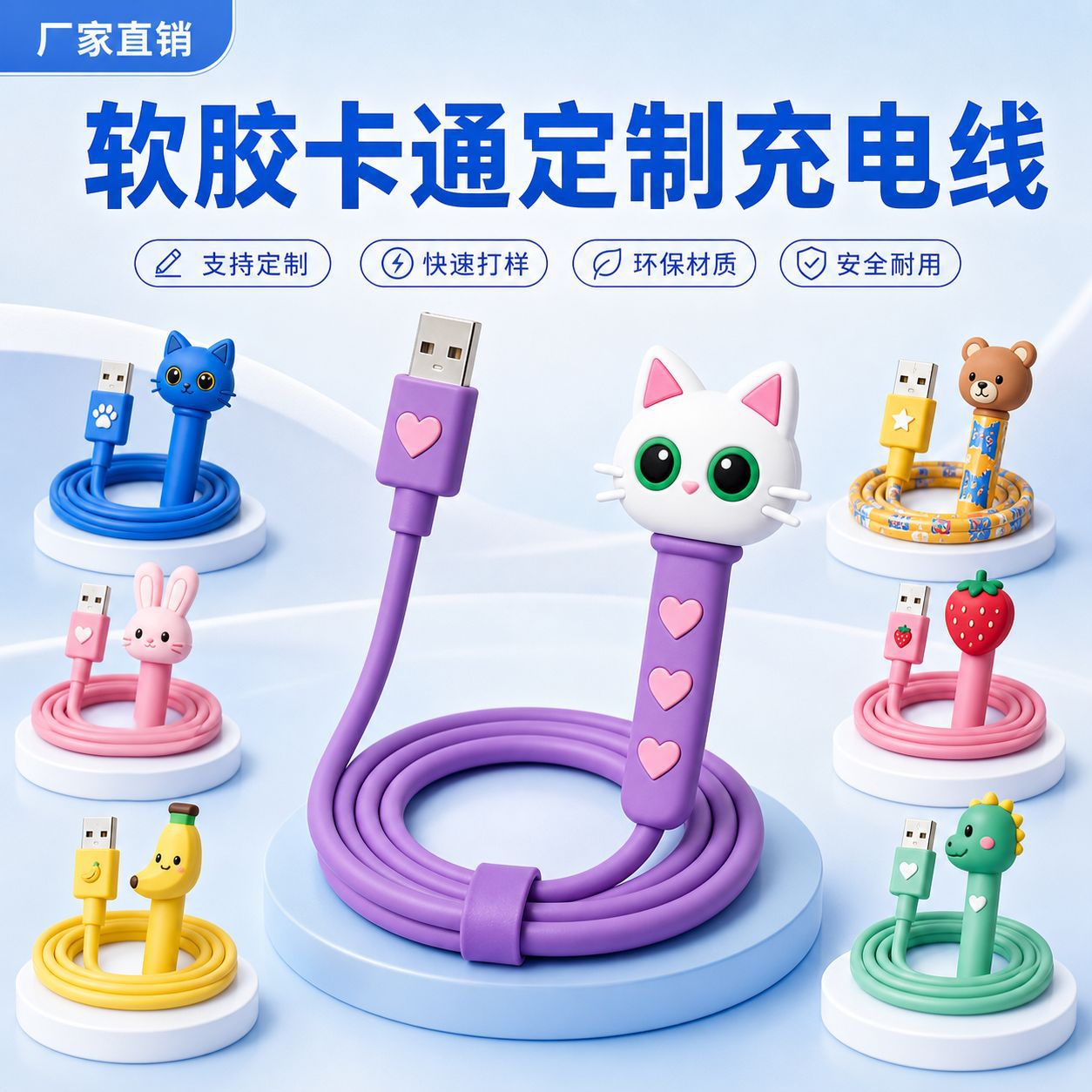 Custom Cartoon Data Cable Soft Plastic 3D Plush Kitten Shape Charging Cable Corporate Souvenir Bulk Custom