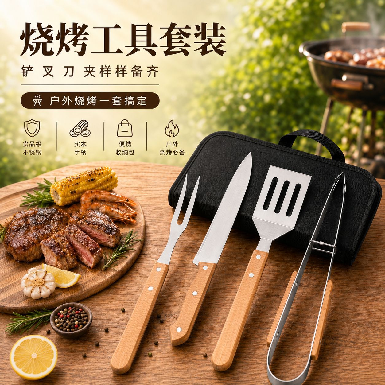 Stainless Steel Wooden Handle Outdoor BBQ Set Camping Portable Picnic BBQ Tools Home