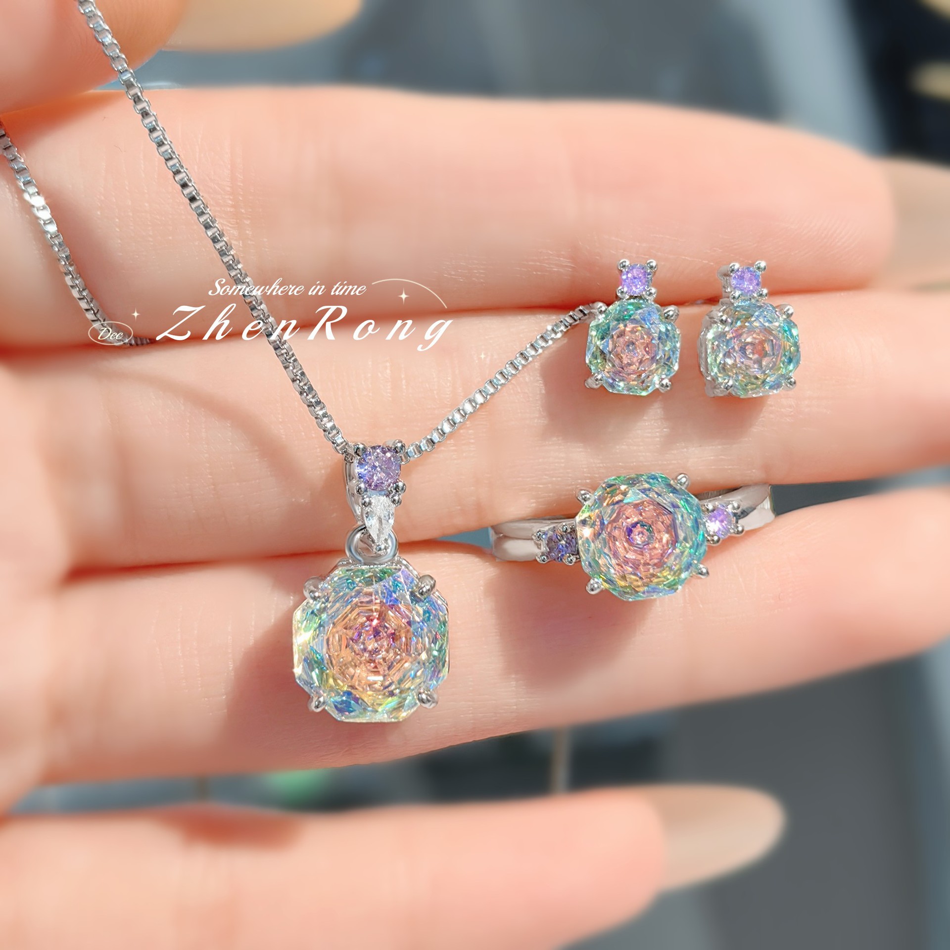 Octagonal millennium rose cut炫彩 necklace pendant inlaid with high carbon diamond Chinese red earrings color gem pink diamond ring women