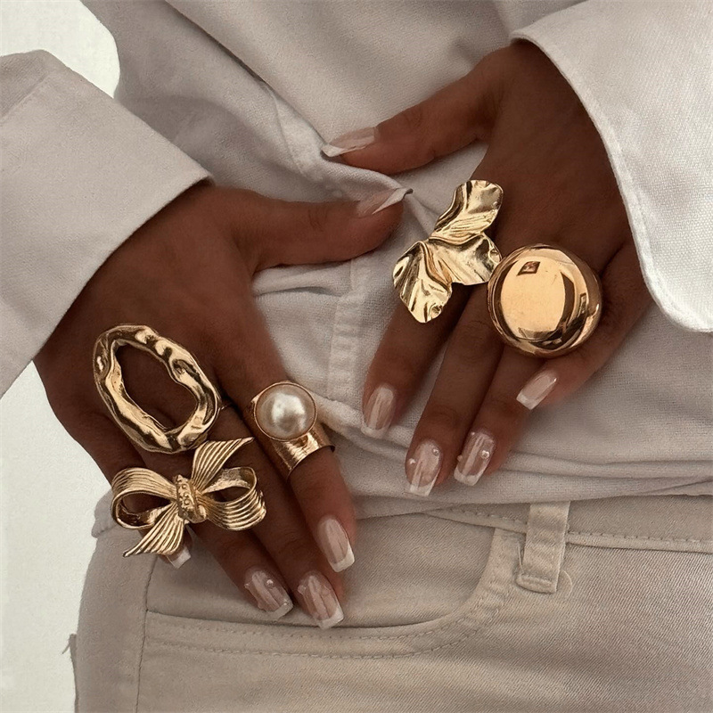 RZ0835 Geometric Metal Style Lava Line Women's Ring Irregular Polished Open Ring Set