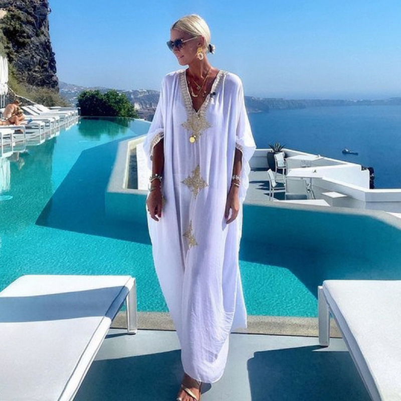 New Rayon Gold Embroidery Long Dress Beach Jacket Sun Protection Bikini Cover Up Swimsuit Outer Women