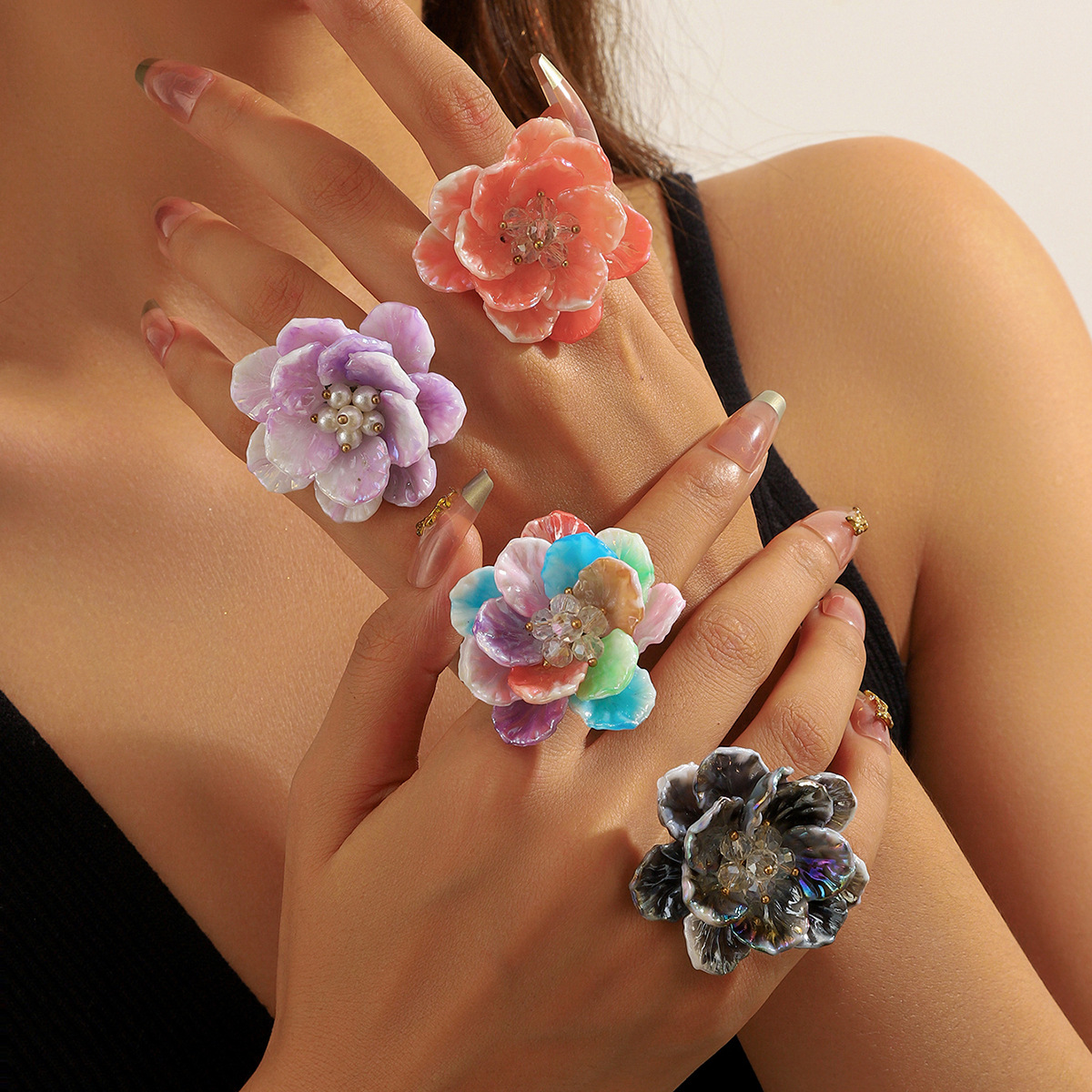High-quality fresh and sweet colorful resin petal flower dopamine adjustable ring