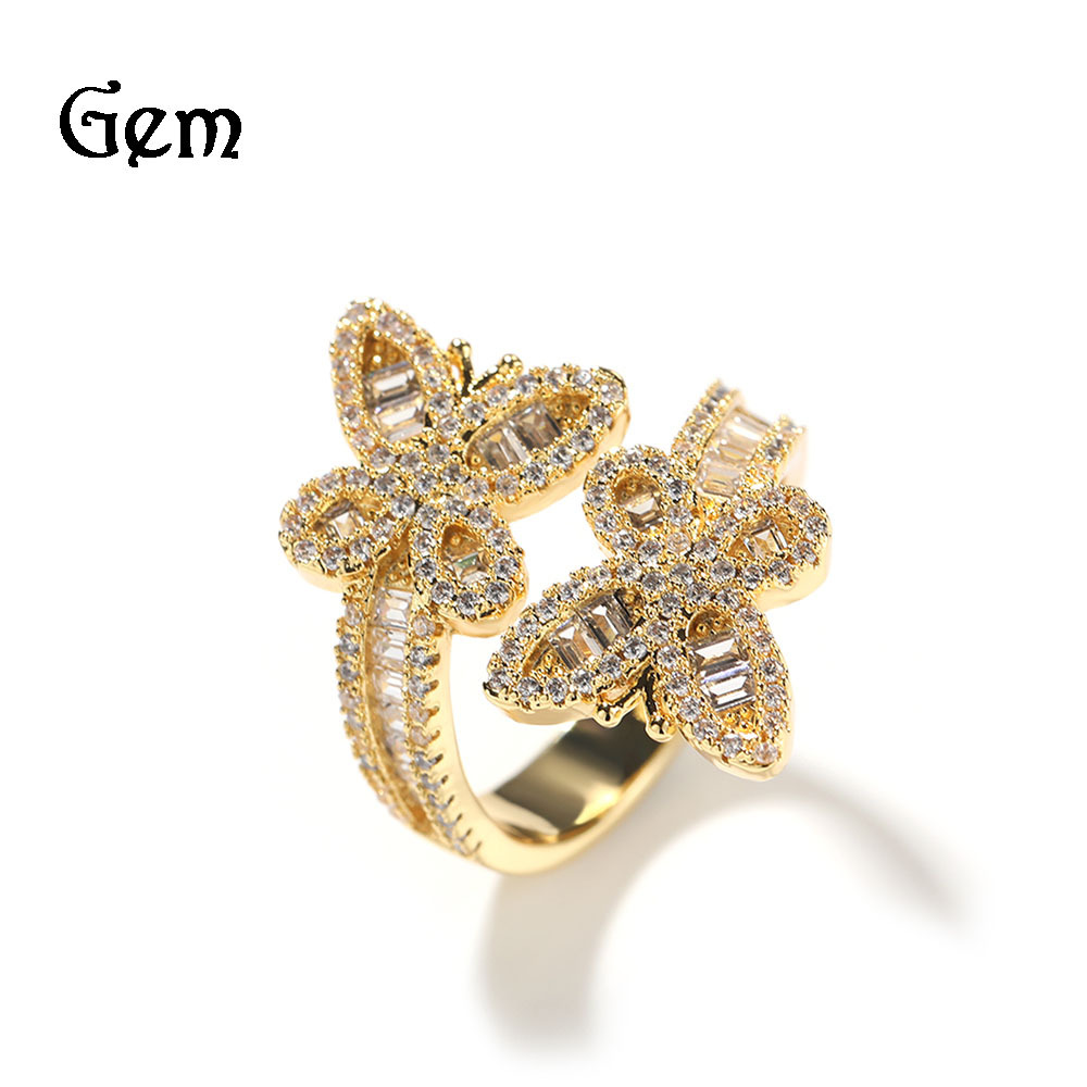 Diamond-studded staggered butterfly open ring unisex hip-hop ring